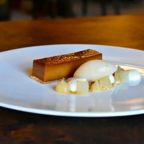 Salted caramel tart with pear and mascarpone